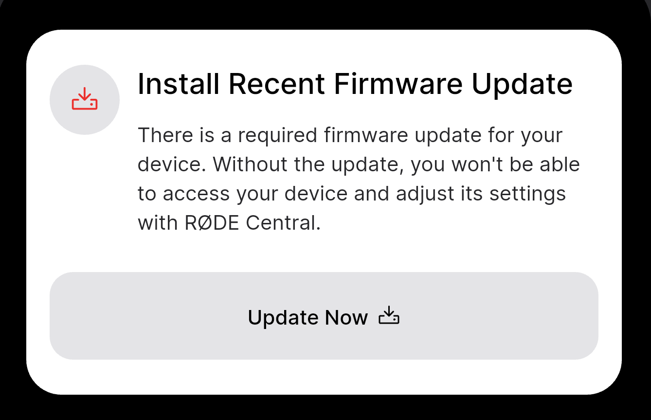 RØDE Central Mobile firmware update prompt