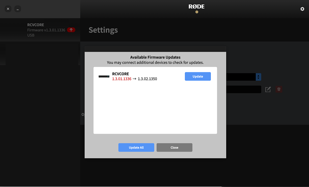 RØDECaster firmware update process in app