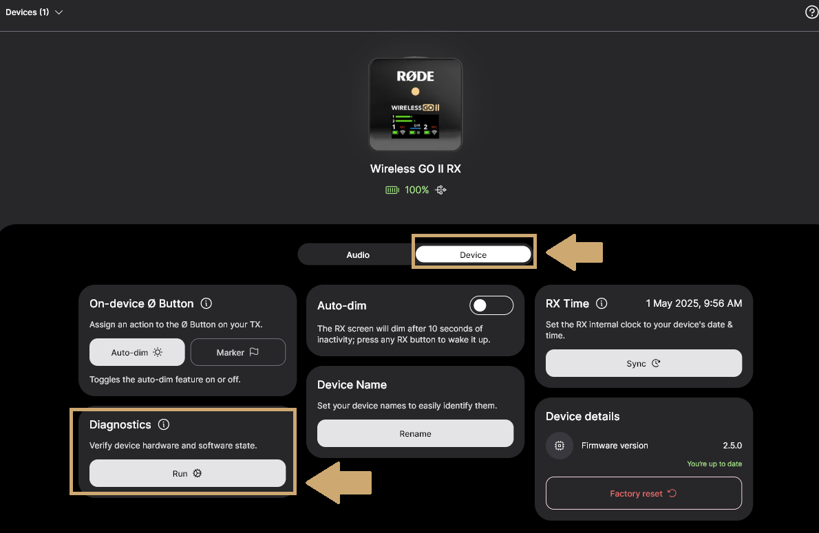 RØDE Central diagnostics screen