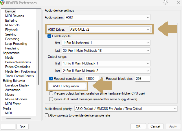ASIO4ALL driver selection