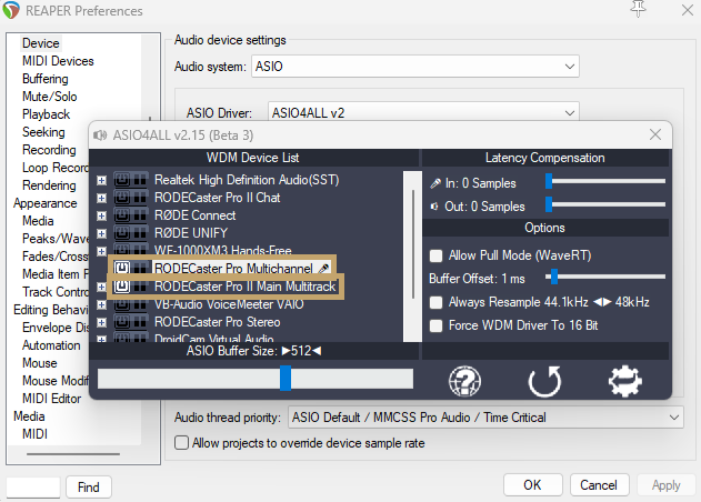 Enable both RØDCaster devices in ASIO4ALL