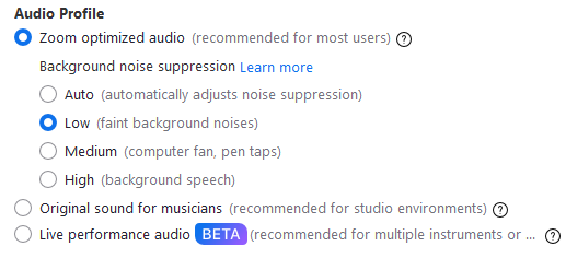 Zoom background noise suppression settings