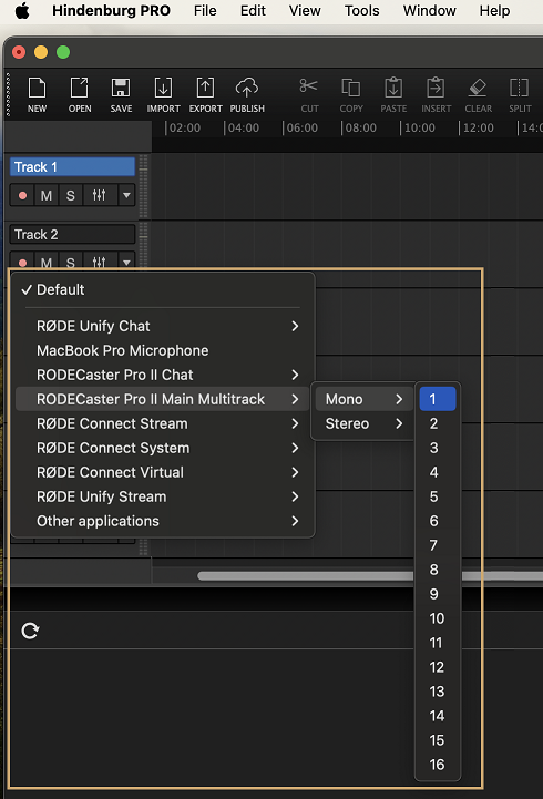 Selecting multitrack inputs in Hindenburg