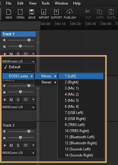 Selecting track inputs in Hindenburg