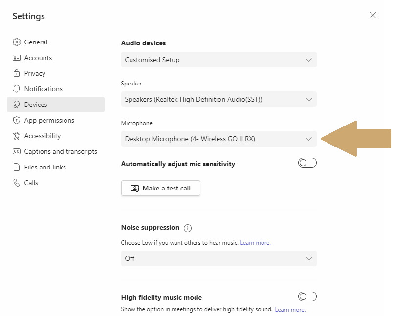 Microsoft Teams audio settings
