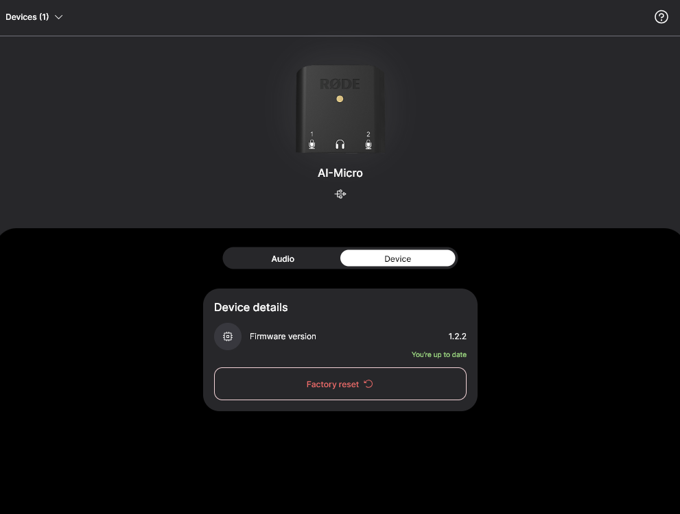 AI-Micro firmware update prompt in RØDE Central