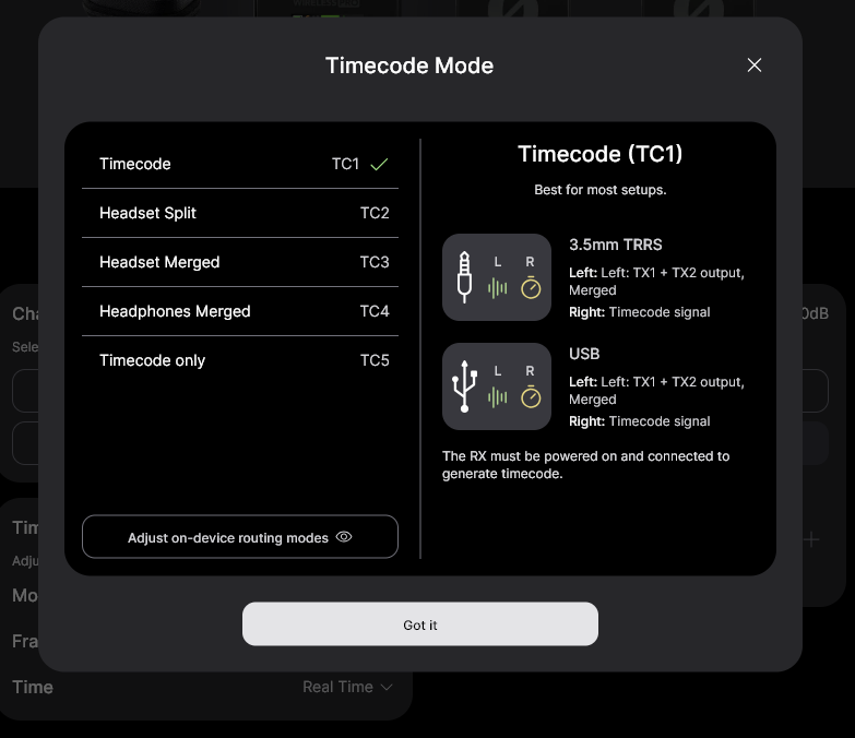 Selecting a Timecode mode in RØDE Central Desktop