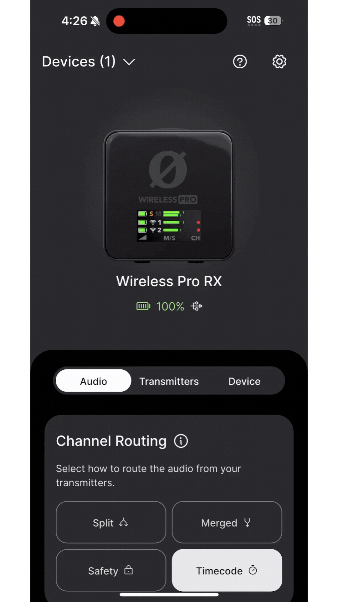 Timecode settings in RØDE Central Mobile