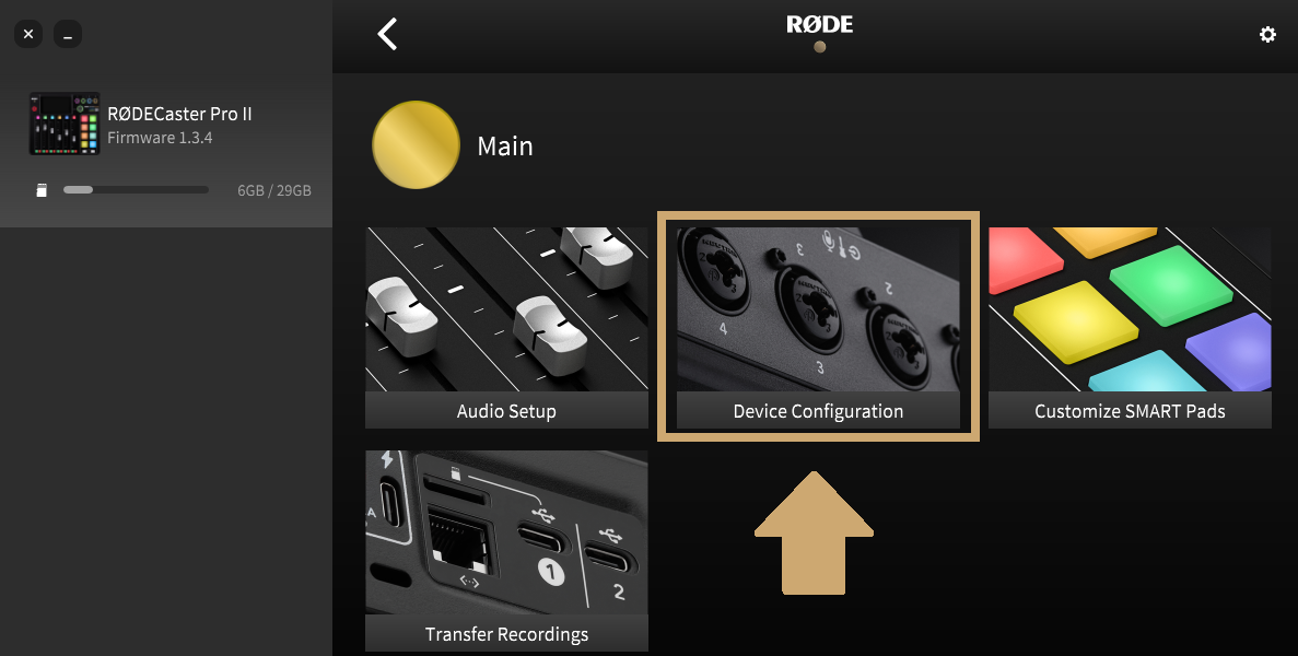 Device configuration menu in RØDECaster App