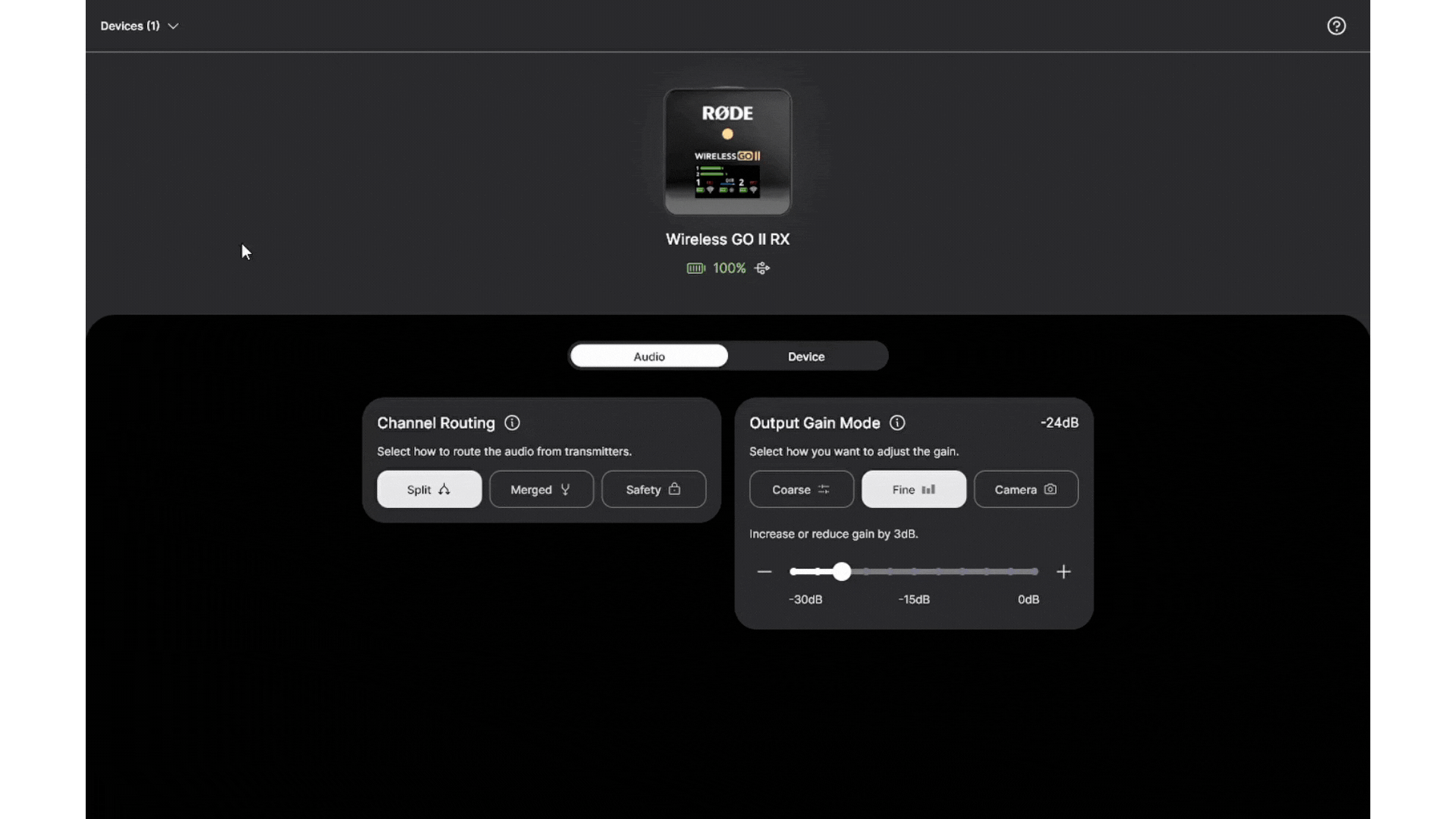 Camera gain preset settings in RØDE Central