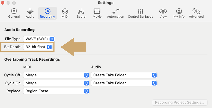 Selecting 32 Bit Float recording in Logic Pro