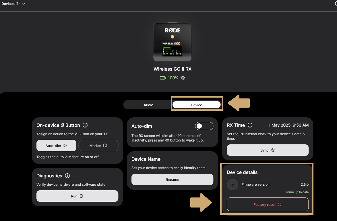 Factory reset option in RØDE Central