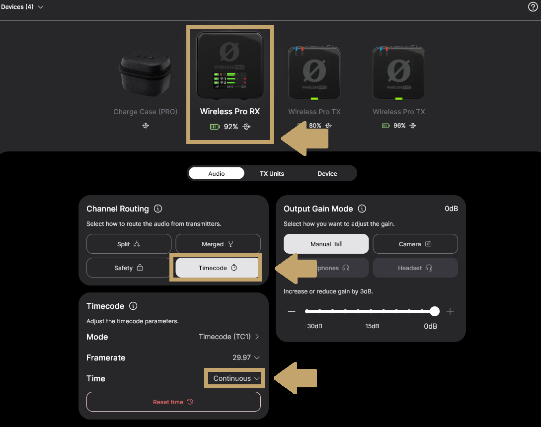 Wireless PRO Real-Time Timecode settings