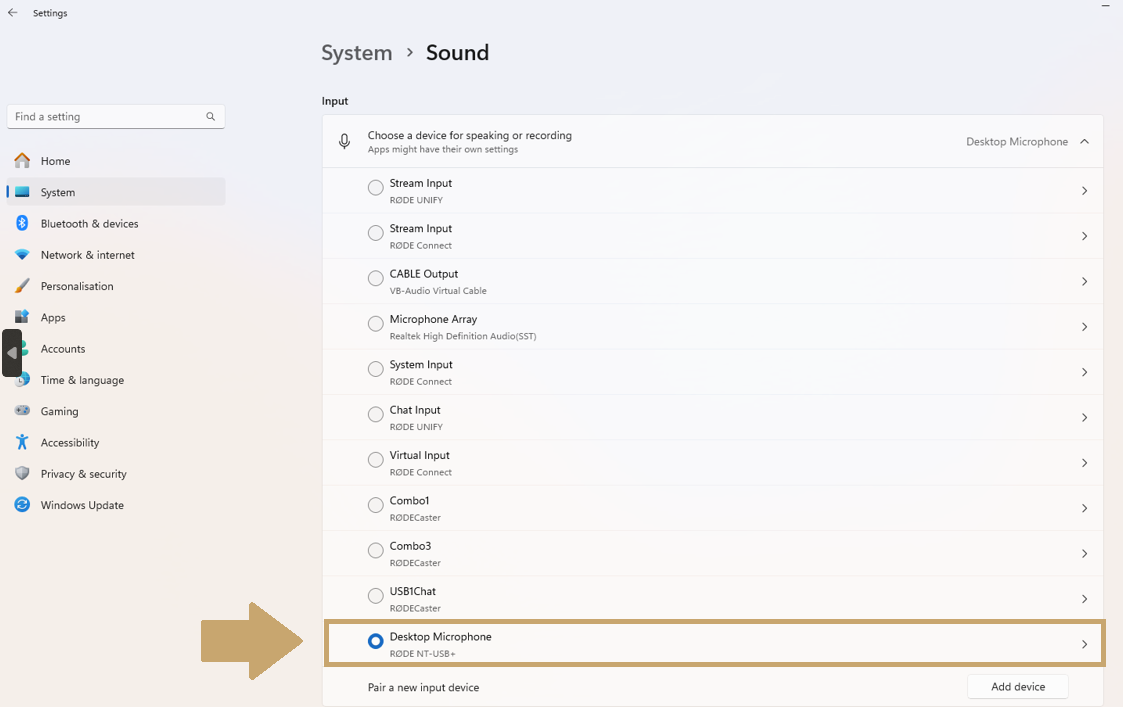 Selecting a RØDE USB microphone as the default input device in Windows
