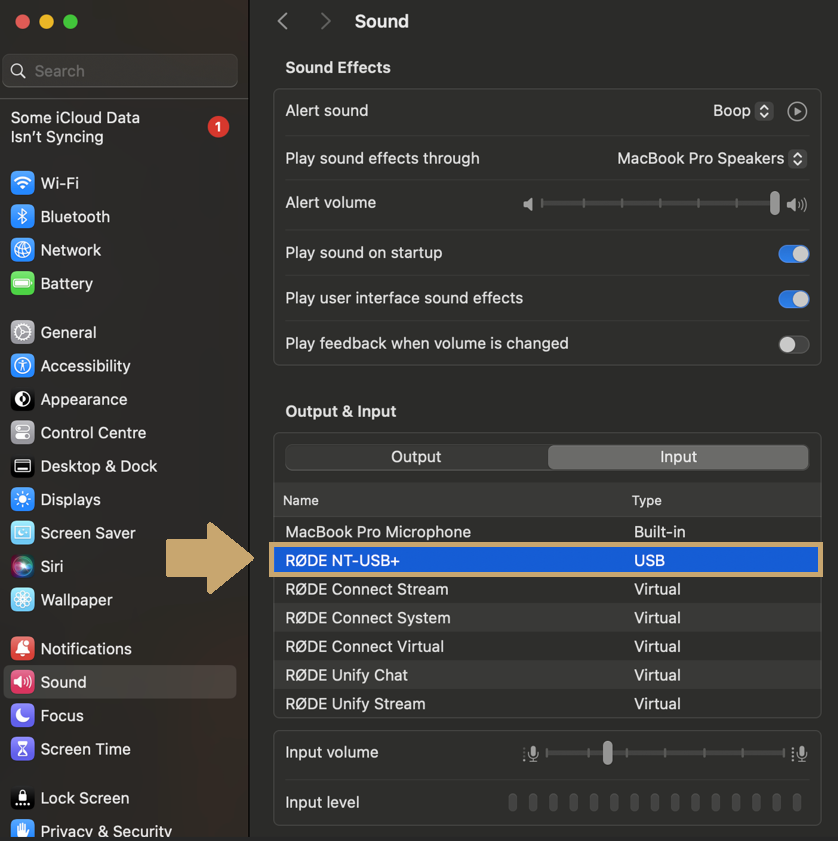 Selecting a RØDE USB microphone as the default input device in macOS