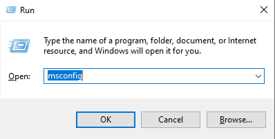 msconfig run command and System Configuration window