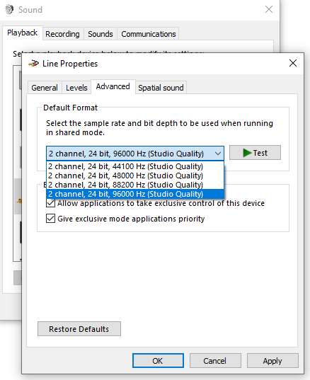 Windows recording device sample rate settings for the AI 1