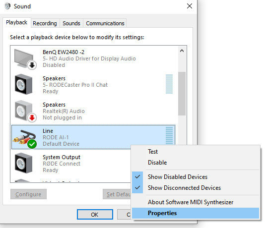 Windows playback device properties for the AI 1